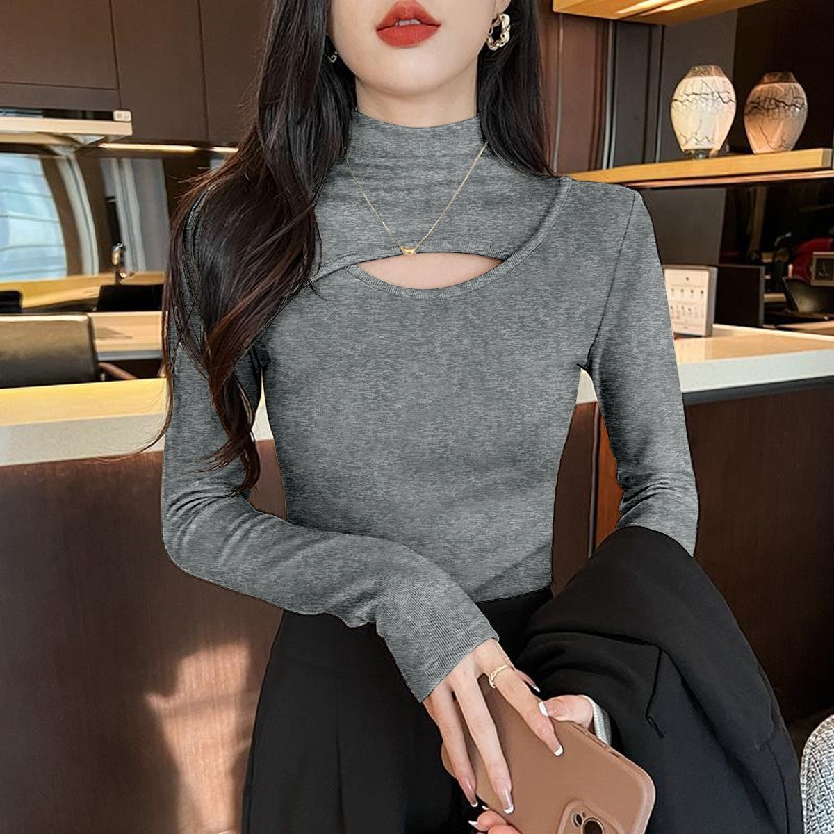 長袖鏤空微高領針織上衣 網美感鏤空設計 修身顯瘦 彈性親膚