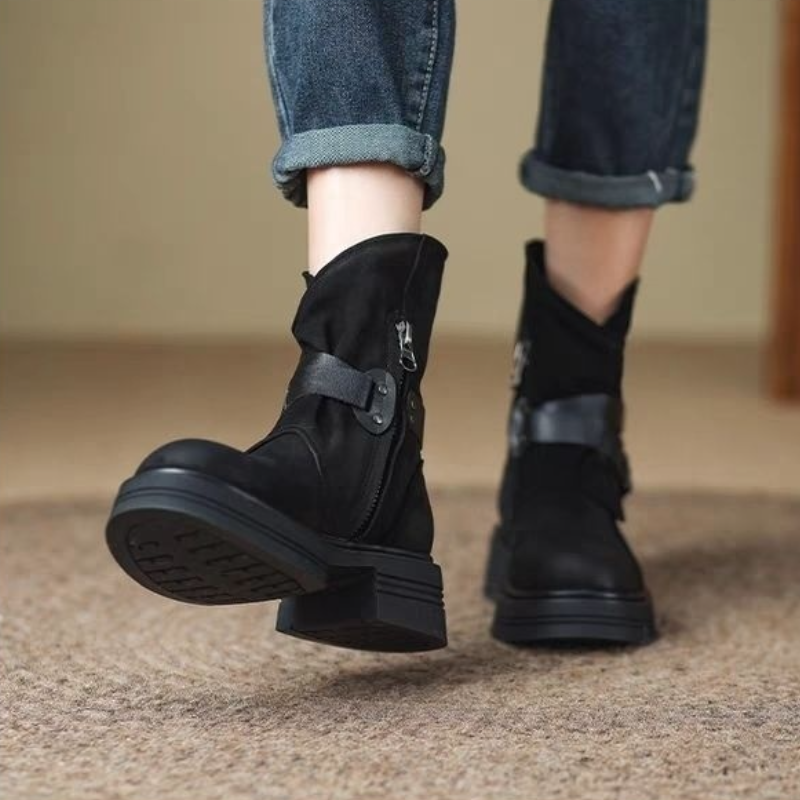 法式復古馬丁靴-秋冬新款厚底軟皮短靴 側拉鍊設計