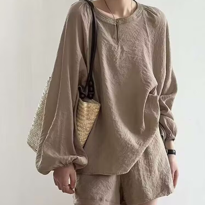 名媛風兩件套 寬鬆褶皺棉麻圓領防曬上衣＋寬褲短褲套裝