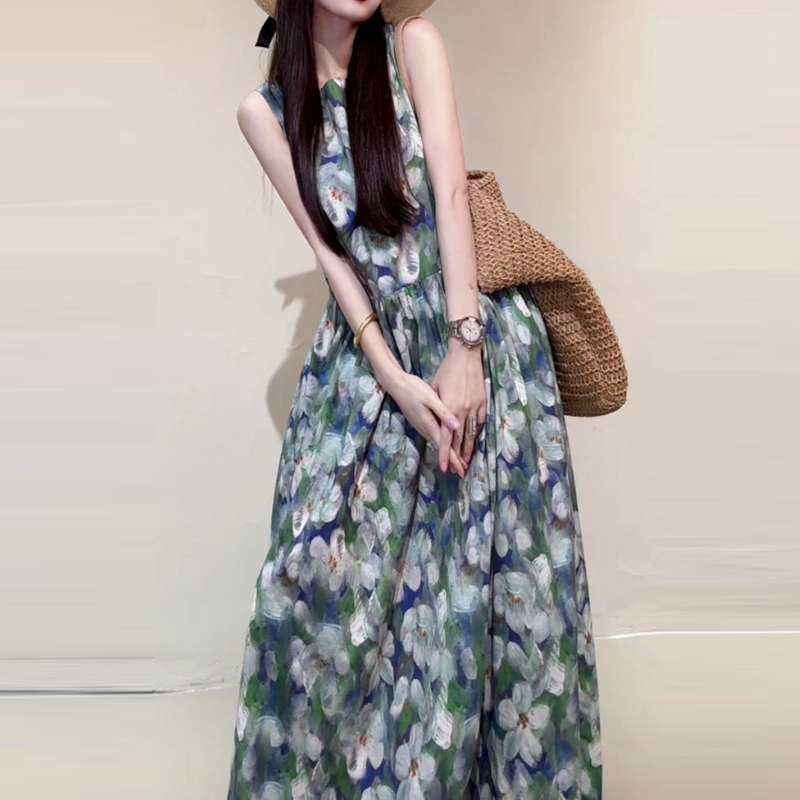 清新印花及踝長洋裝 無袖寬鬆大擺設計 渡假風飄逸款 度假感長洋裝