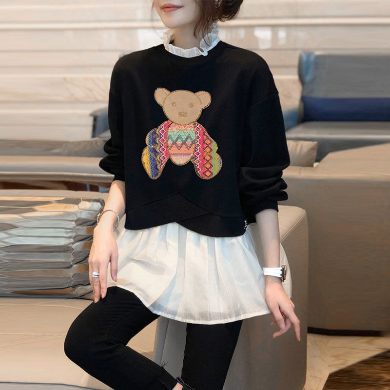 黑色卡通假兩件上衣 韓版設計感小眾上衣秋冬