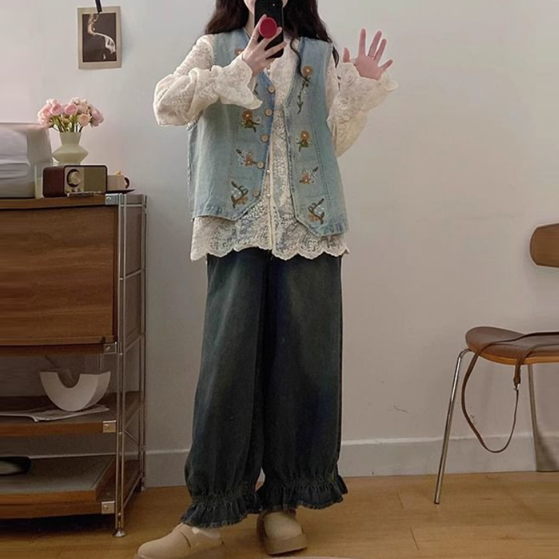 韓系復古三件式套裝 牛仔背心＋蕾絲襯衫＋寬鬆牛仔寬褲 成套穿搭 百搭有型