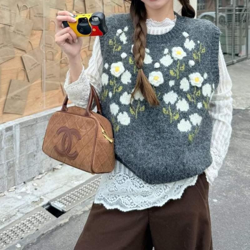 【單品可選】韓系提花針織背心+蕾絲拼接上衣 秋季寬鬆慵懶風背心 花卉刺繡設計