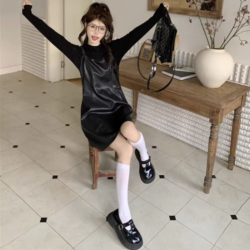 【整套】韓版秋季氣質皮質細肩短洋+高級感顯瘦薄上衣套裝*2色