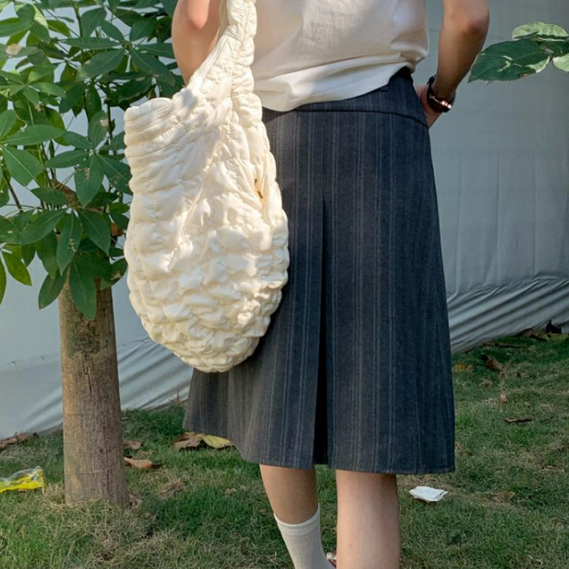 條紋百褶A字裙 高腰顯瘦 中長裙 韓系百搭
