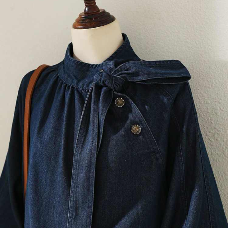 牛仔系帶蝴蝶結襯衫 燈籠袖設計 百搭丹寧上衣