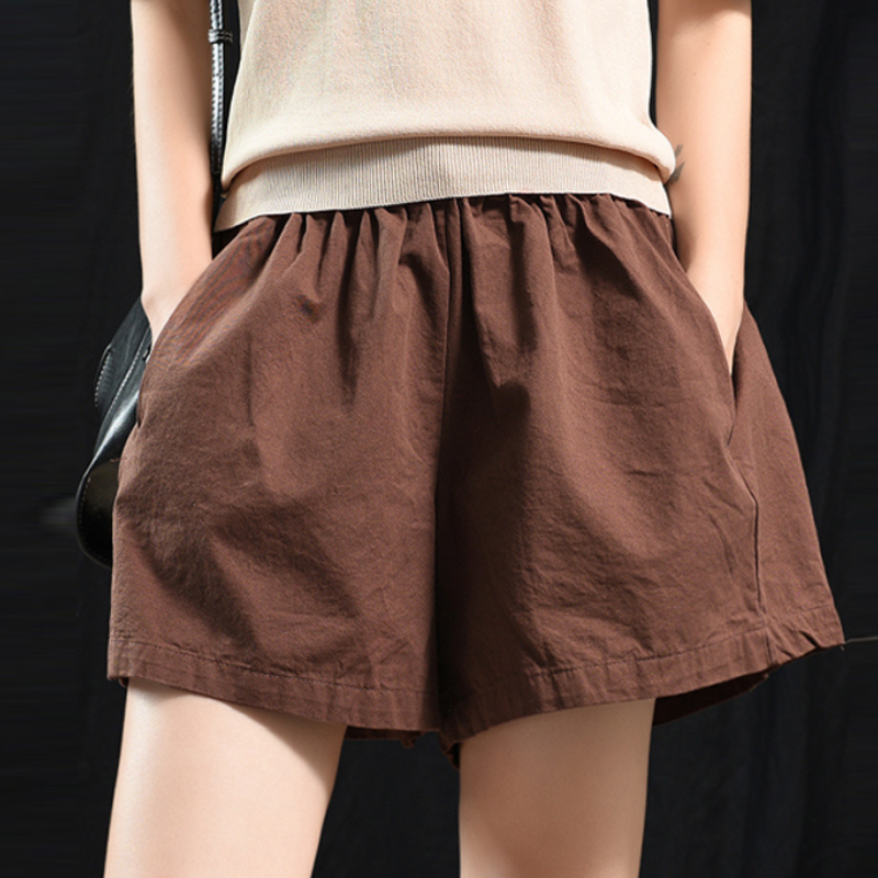復古文藝寬鬆短褲 棉質鬆緊腰 百搭寬鬆休閒款