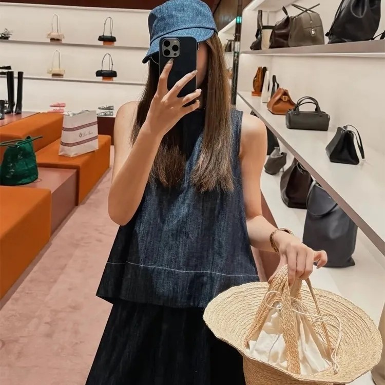 牛仔顯瘦組合 冰氧牛仔抗熱背心+高腰短褲 兩件減齡兩件套