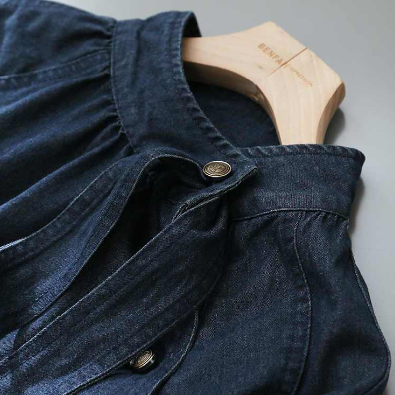 牛仔系帶蝴蝶結襯衫 燈籠袖設計 百搭丹寧上衣