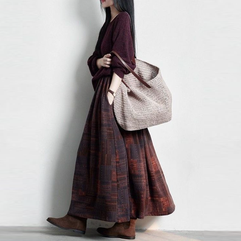 「套裝/單件」復古文藝針織上衣＋印花長裙兩件式套裝 慵懶氣質 秋冬穿搭