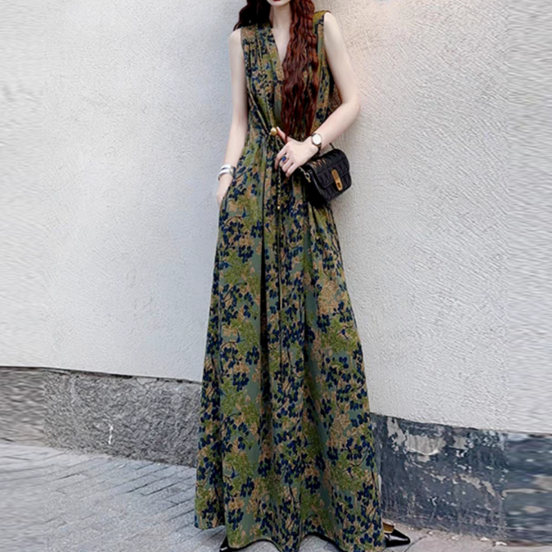 小資輕奢 法式無袖長裙 抗UV冰絲緞面渡假 獨家剪裁顯瘦 手繪熱帶印花 冷氣房友善IG爆款連身裙