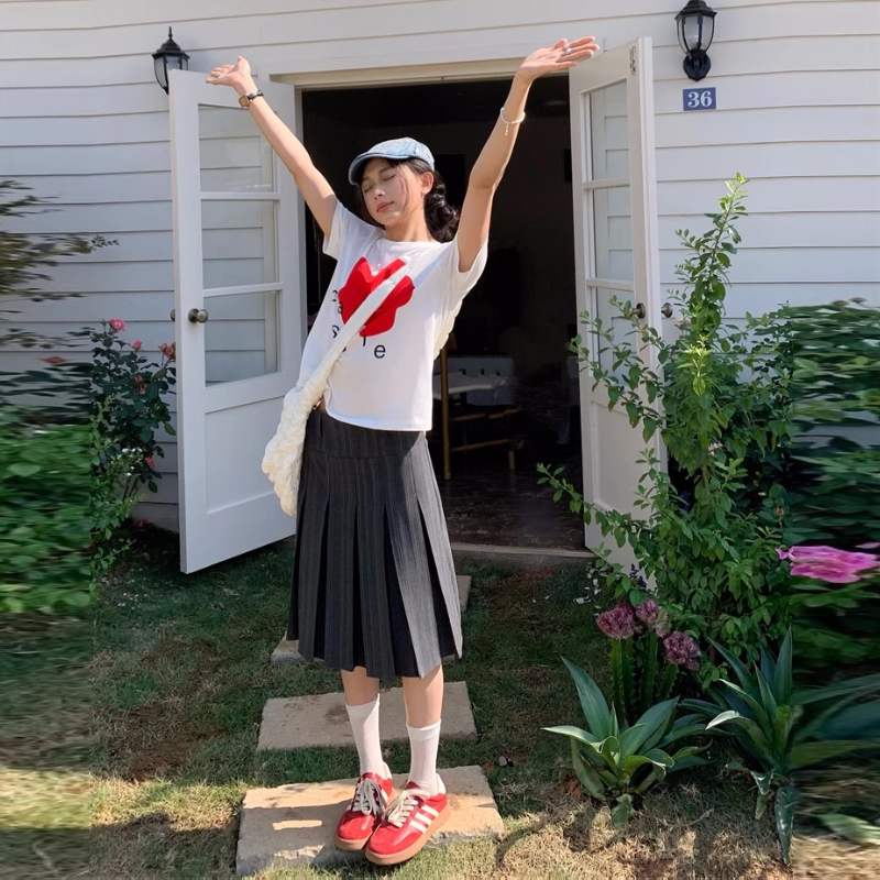 純棉紅花印花T恤 白色短袖 韓系甜美 顯年輕 夏季百搭