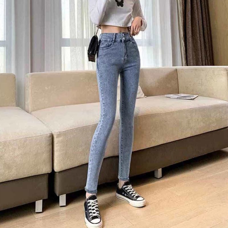 超彈高腰雙釦顯瘦牛仔褲 秋季百搭韓系修身小腳褲