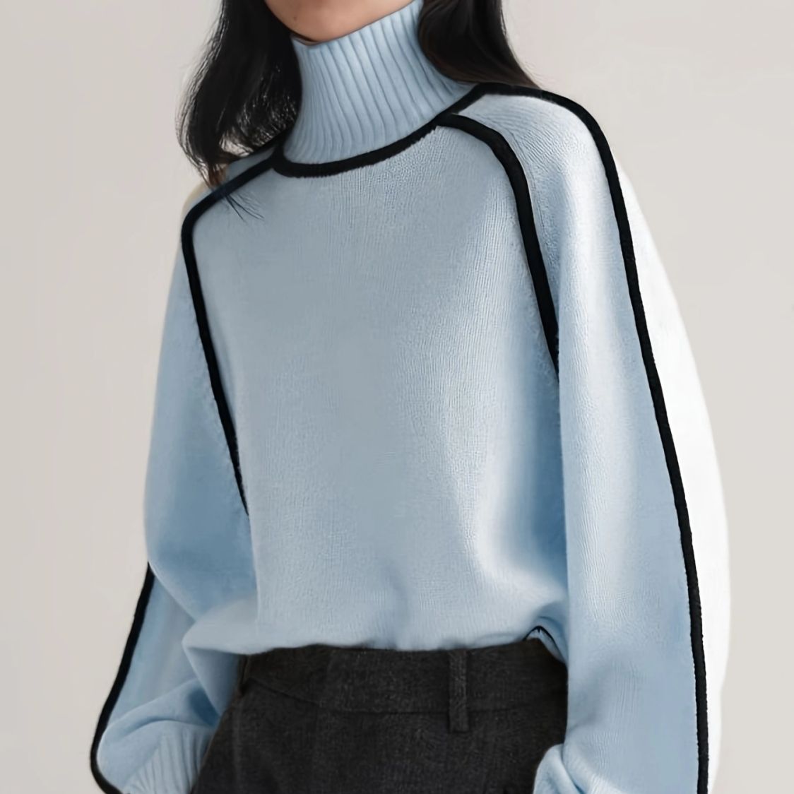 高領插肩針織毛衣 法式感燈籠袖 滾邊設計 寬鬆版型