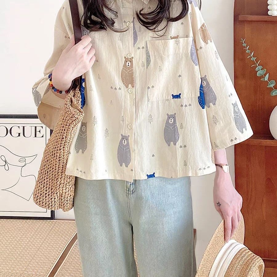 日系波點七分袖襯衫-休閒寬鬆短款上衣