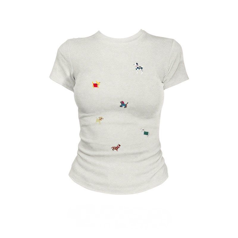 純棉短袖T恤 美式復古 標準肩線 合身顯瘦 小狗印花卡通圖案