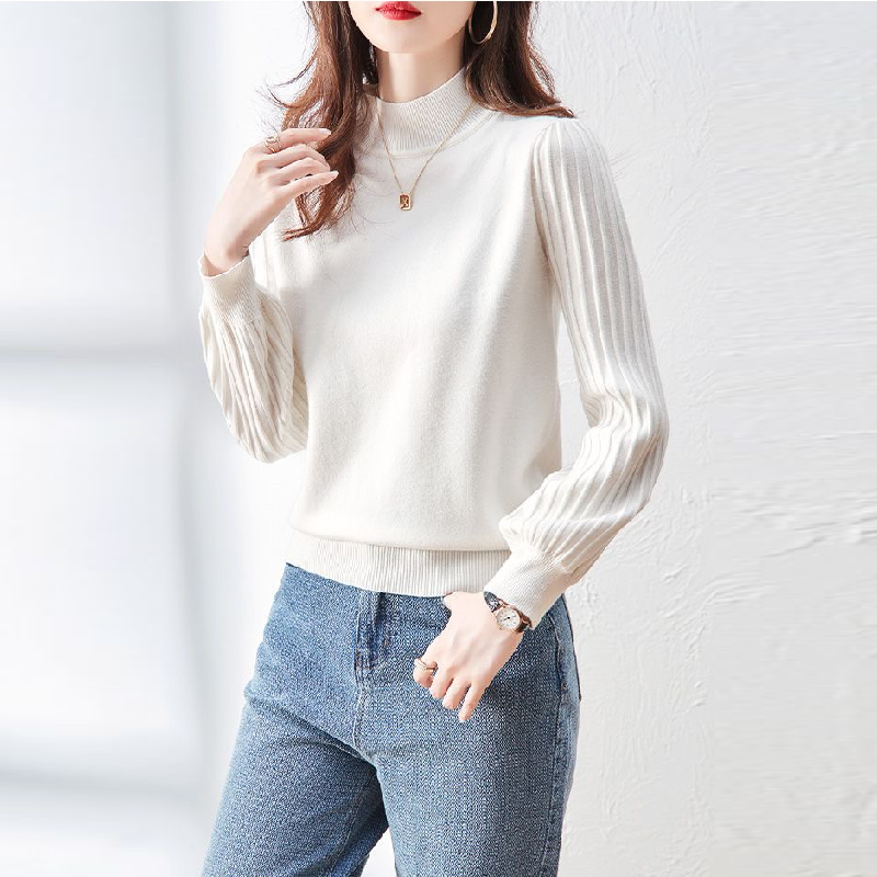 秋冬寬鬆高領上衣針織內搭泡泡袖保暖修身毛衣