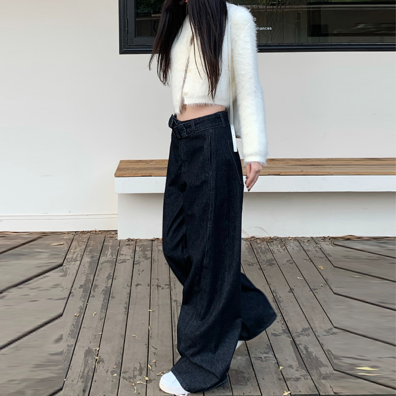 韓系 ‧ 復古腰帶設計感寬腿牛仔褲