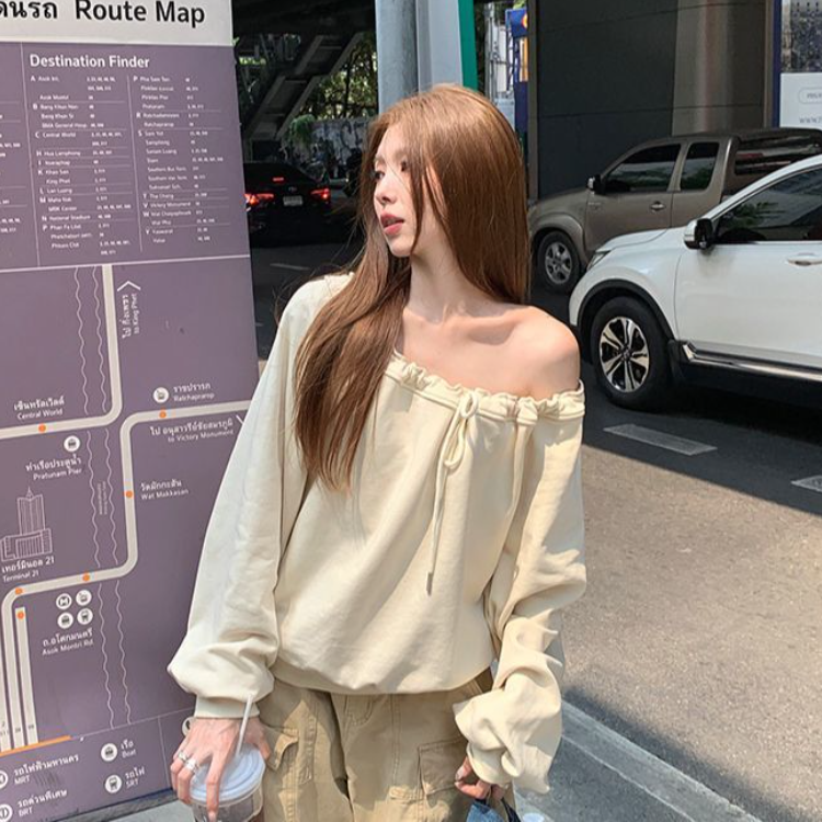 韓系綁帶斜肩寬鬆大學T 慵懶感套頭長袖上衣