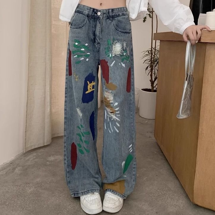 韓系 ‧ 彩色塗鴉牛仔長褲(中性風格男女可穿) 寬鬆破洞牛仔褲 高腰設計直筒寬褲