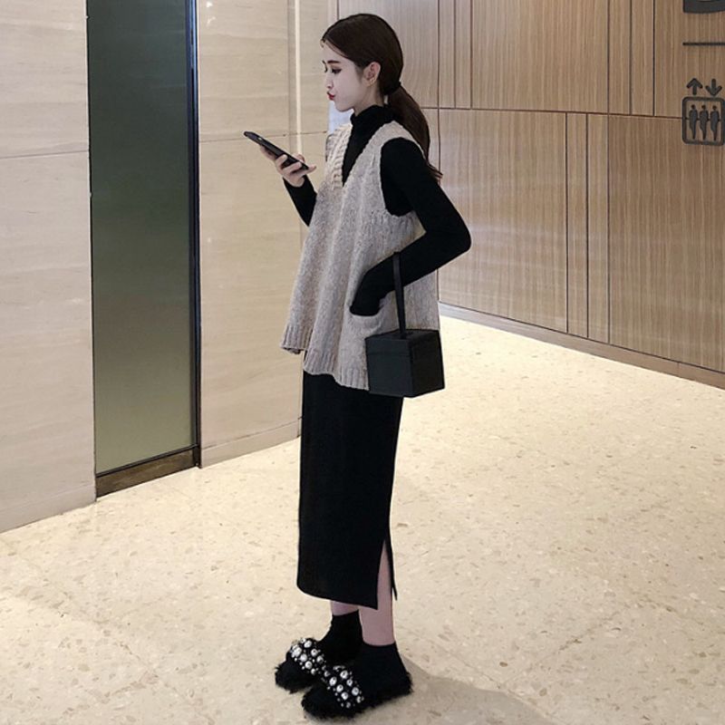 優雅秋裝組合針織背心+半高領連身裙套裝