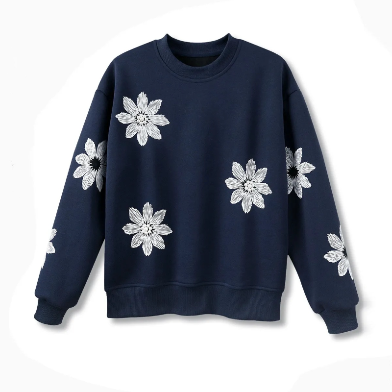 韓系印花大學T 圓領長袖 小花立體釘珠 設計感上衣