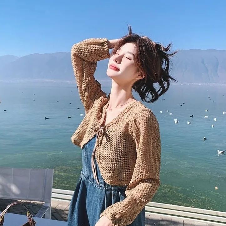 【單品可選】法式復古牛仔吊帶連身裙套裝 韓版針織罩衫+吊帶裙