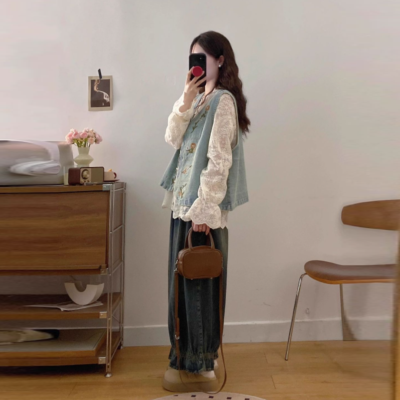 韓系復古三件式套裝 牛仔背心＋蕾絲襯衫＋寬鬆牛仔寬褲 成套穿搭 百搭有型