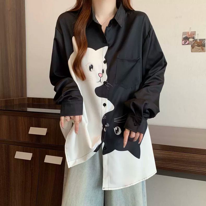 大尺碼貓咪印花襯衫 長袖寬鬆版 顯瘦遮肉（黑/白）