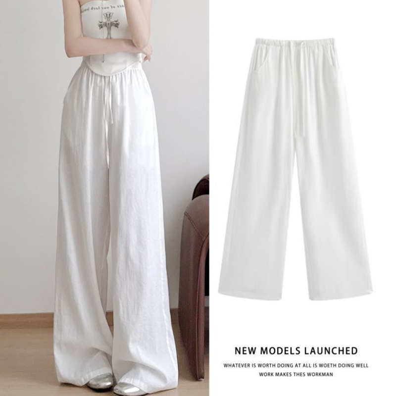 藏青亞麻混紡涼感寬褲 夏季高腰 垂墜感 直筒寬鬆 顯瘦長褲