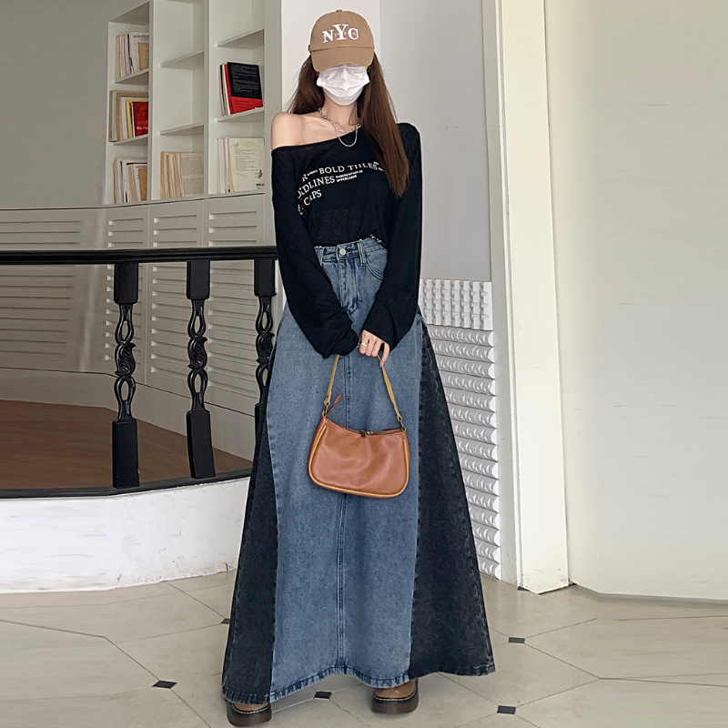 高腰牛仔長裙 小眾設計復古風 顯瘦遮肉A字長版半身裙 春秋款