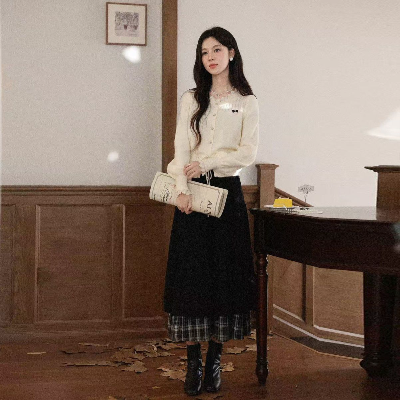 燈心絨拼接格紋長裙 高腰A字版 加厚保暖 日系氣質半身裙