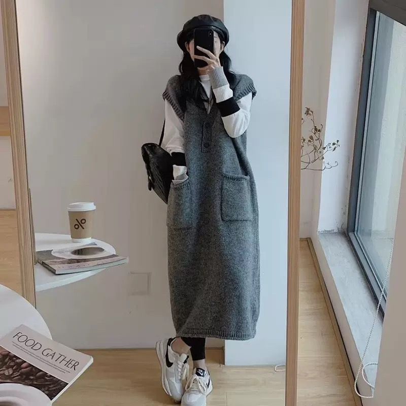 春秋寬鬆顯瘦系扣連身裙-百搭針織馬甲中長款洋裝