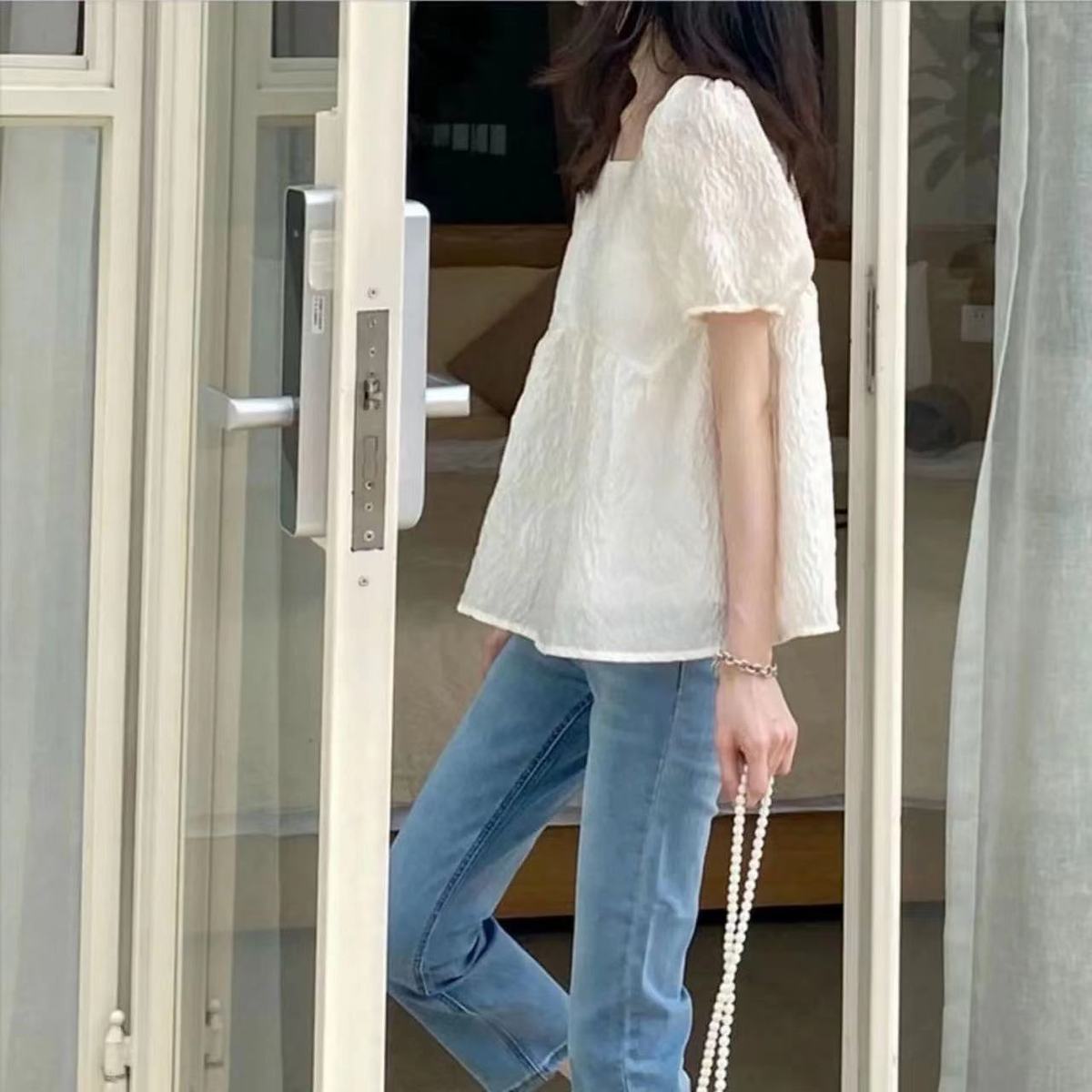 簡約 ‧ 純色方領泡泡袖上衣 宽松短袖襯衫法式肌理感