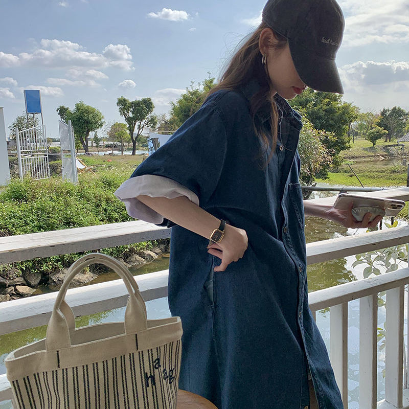 復古牛仔襯衫洋裝 中長版 翻領口袋 寬鬆顯瘦 清爽極簡