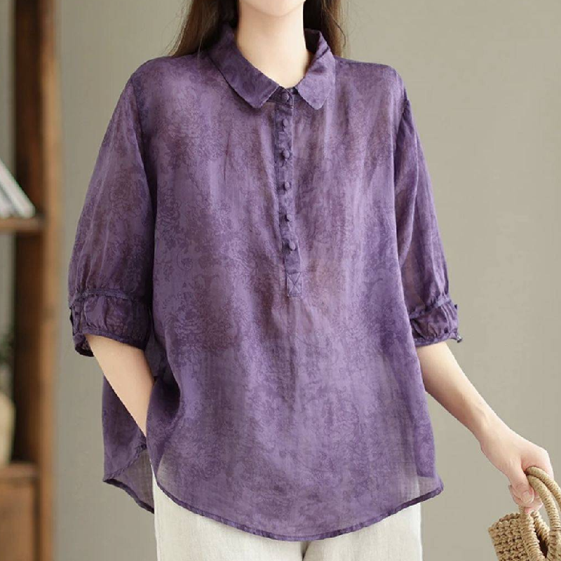 精緻提花翻領棉麻襯衫 復古五分袖顯瘦遮肉薄款上衣