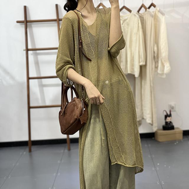 春夏鏤空針織裙罩衫 文青風中長版連身裙 慵懶休閒感穿搭