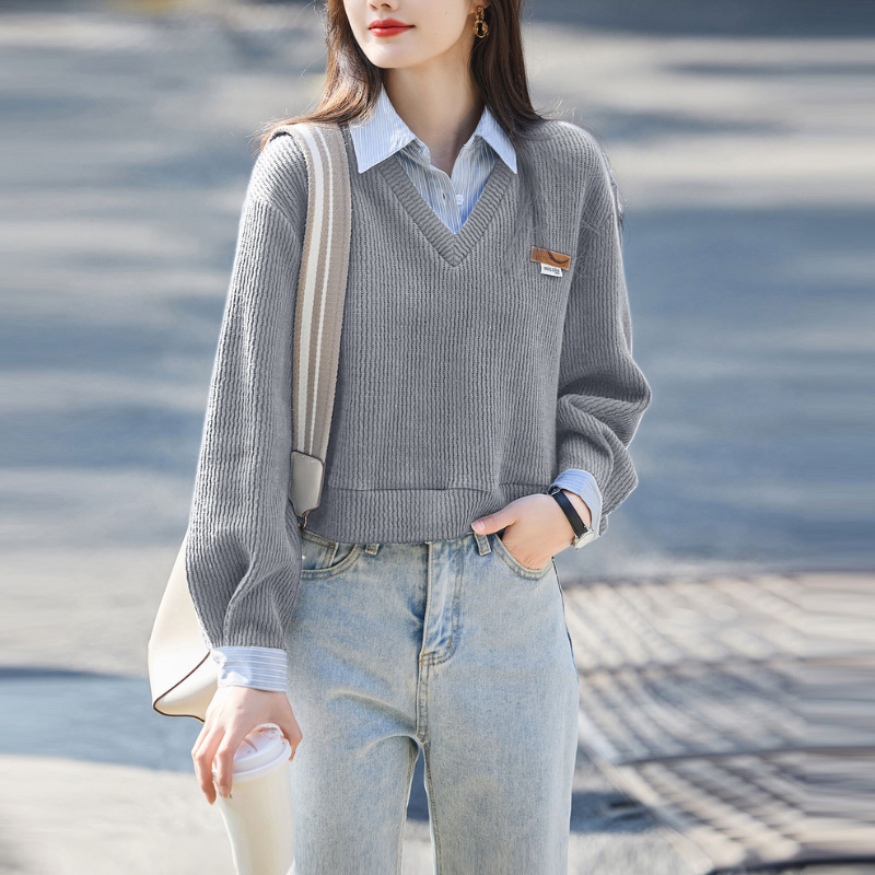 翻領條紋針織拼接假兩件上衣 休閒剪裁 春秋百搭款