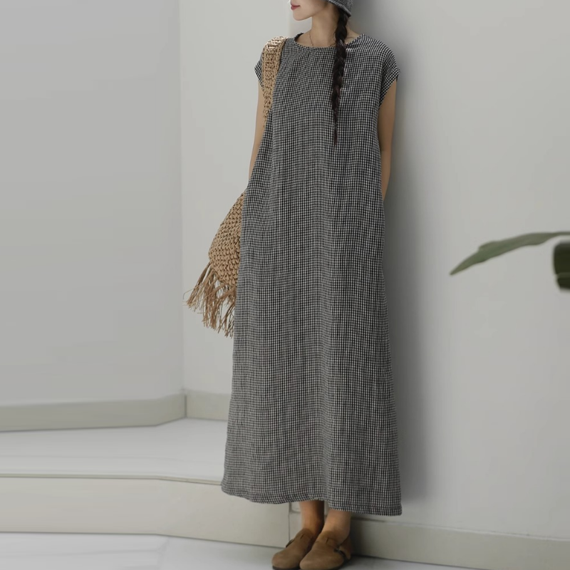 棉麻格紋無袖長洋裝 復古文青風