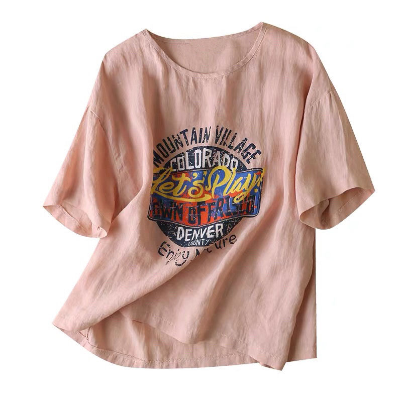 簡約．字母印花圖案上衣  棉麻印花短袖 圓領休閒t恤