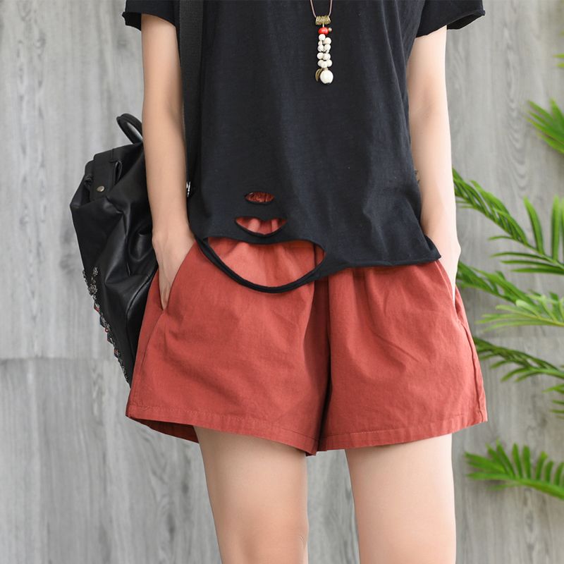 復古文藝寬鬆短褲 棉質鬆緊腰 百搭寬鬆休閒款