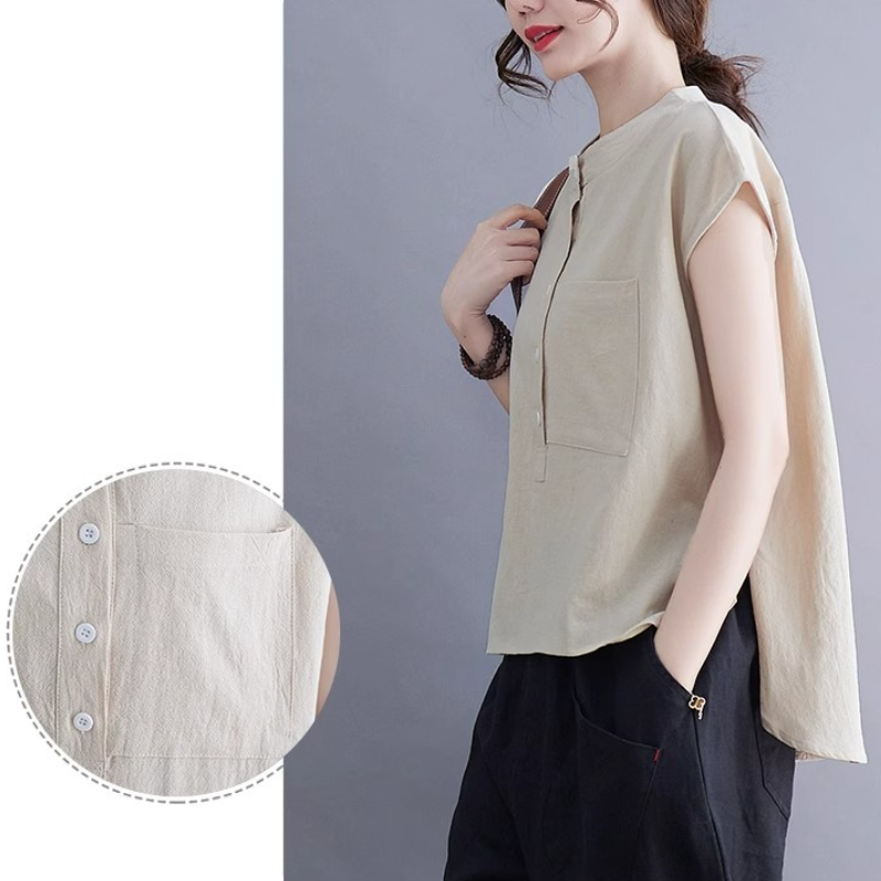 夏季棉麻無袖上衣｜文青風立領素色寬版襯衫 大尺碼百搭款