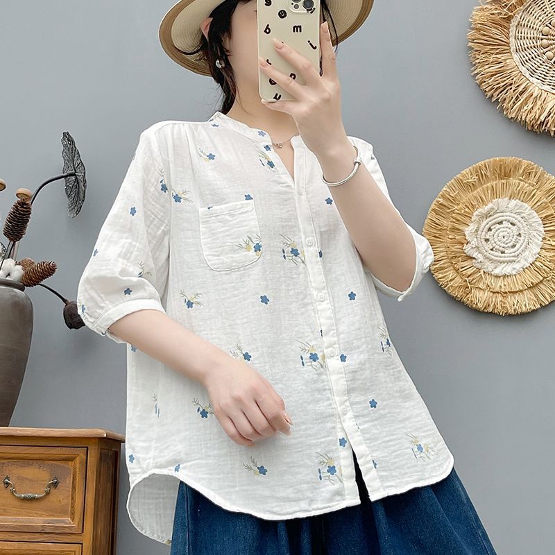 碎花雙層棉紗襯衫 中袖設計 寬鬆舒適 文青風上衣