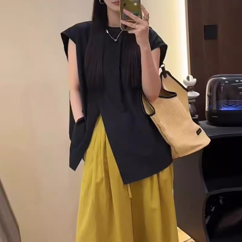 不規則側開高衩飛袖襯衫 夏季寬鬆設計感休閒氣質上衣