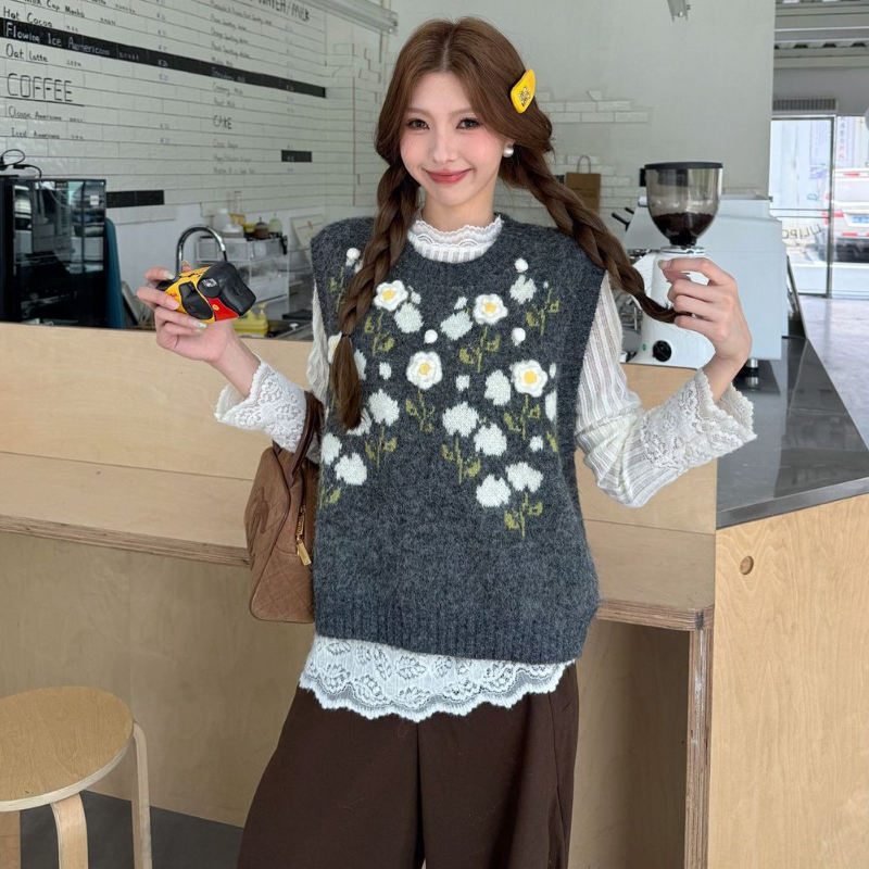 【單品可選】韓系提花針織背心+蕾絲拼接上衣 秋季寬鬆慵懶風背心 花卉刺繡設計