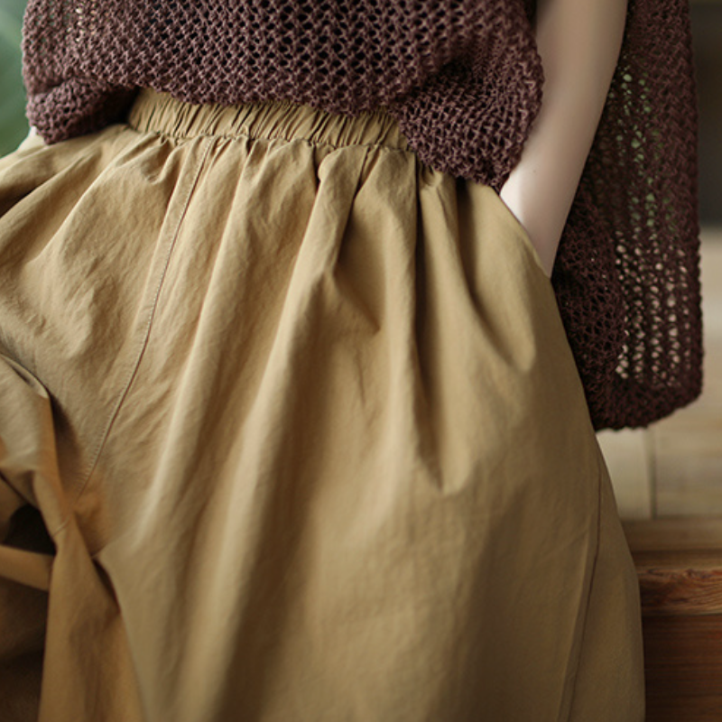 純棉寬版中長褲 鬆緊腰設計 文青休閒風