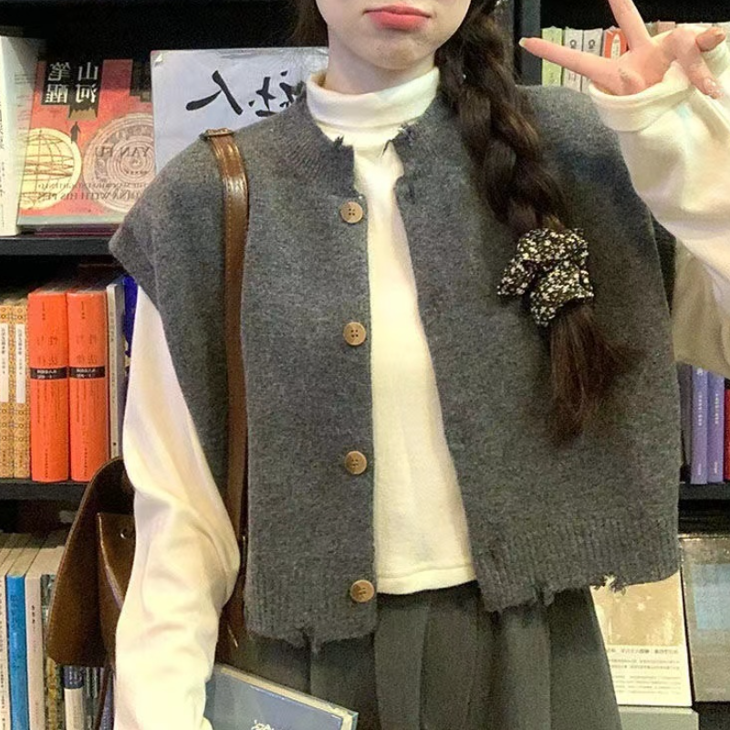 【單品可選】韓系復古風寬鬆短版針織背心毛衣+長袖上衣+超顯瘦寬褲三件套