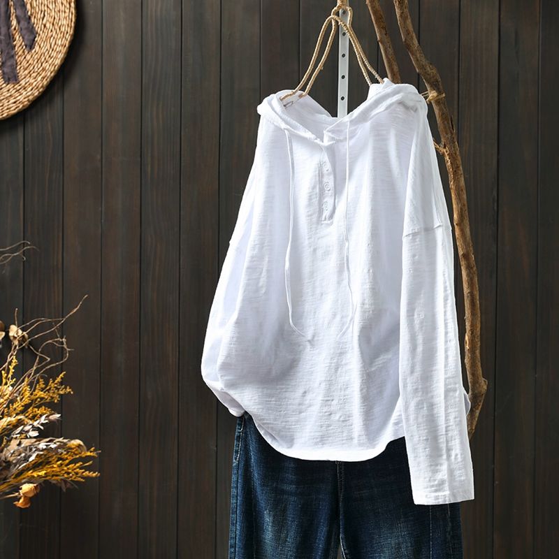 竹節棉連帽TEE文藝復古 長袖春裝新款寬鬆大版型遮肉上衣