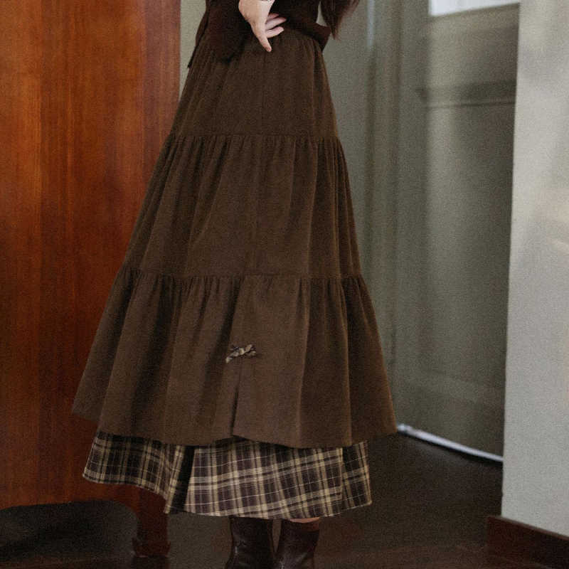 燈心絨拼接格紋長裙 高腰A字版 加厚保暖 日系氣質半身裙