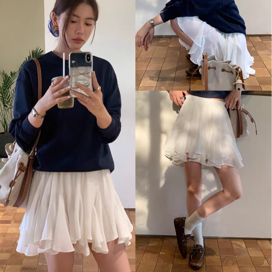 芭蕾仙女裙 新款白色A字短裙 防透內襯 鬆緊腰坐不卡腹